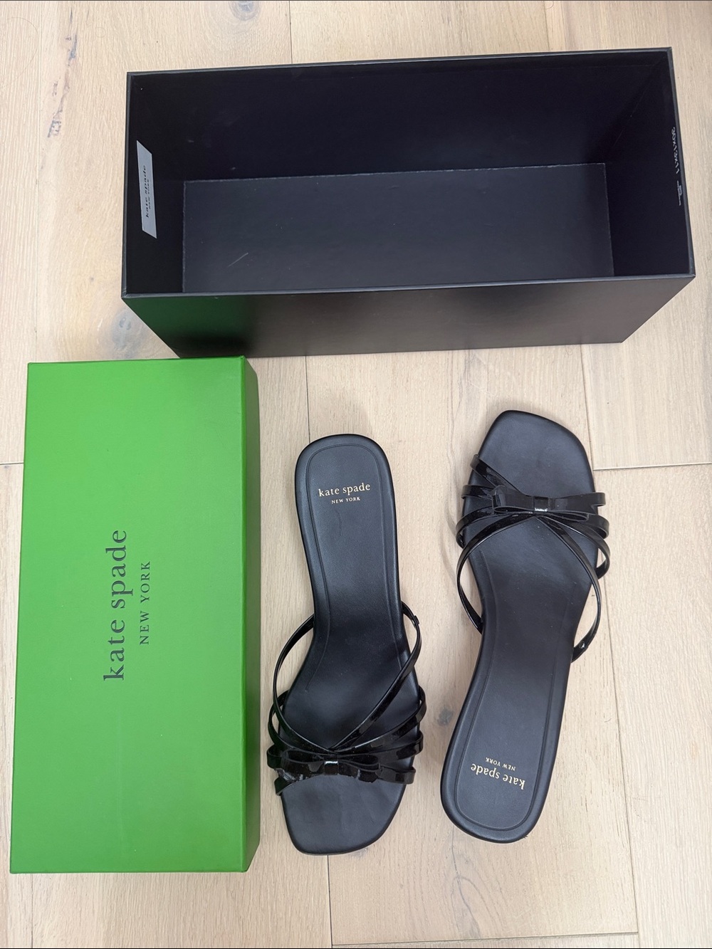 kate spade Black Patent Strappy Slide Mules